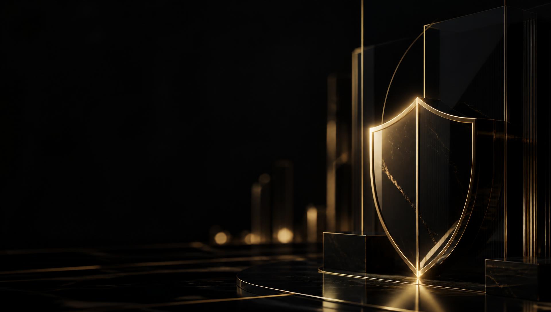 Composição premium em preto e dourado representando proteção e segurança